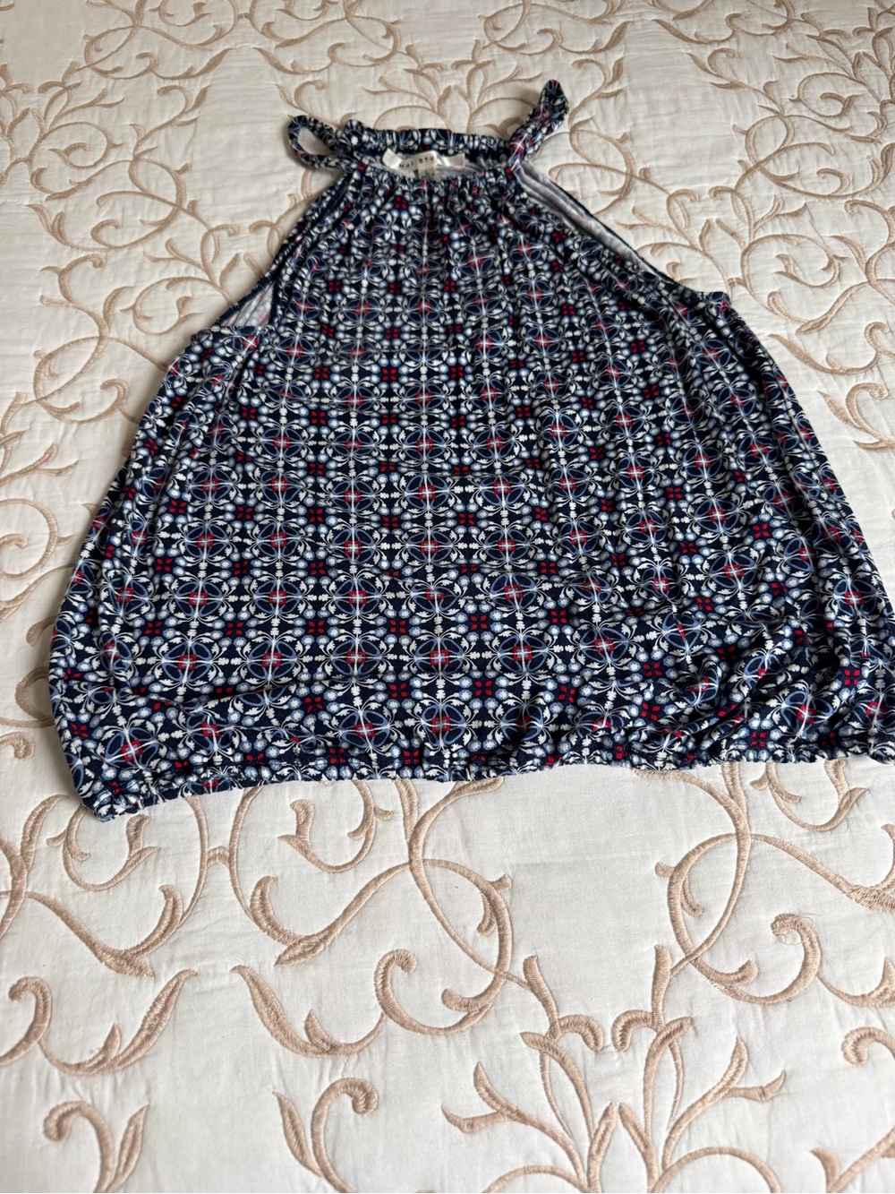 Max Studio Navy Geometric Halter Dress with Red Accents